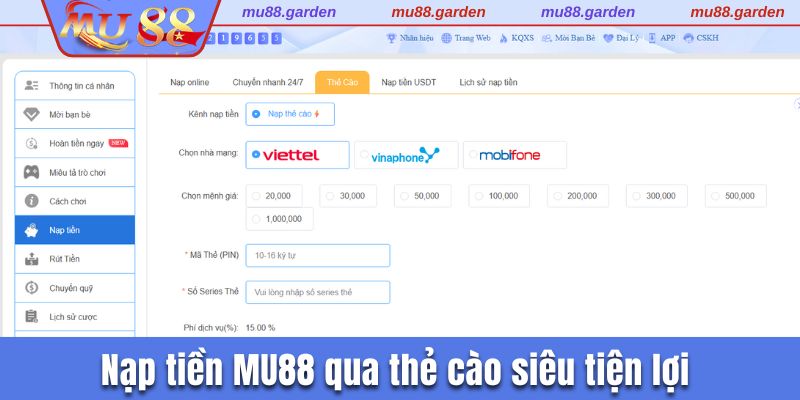 Nạp tiền MU88 qua thẻ cào siêu tiện lợi