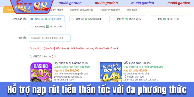 Hỗ trợ nạp rút tiền thần tốc với đa phương thức